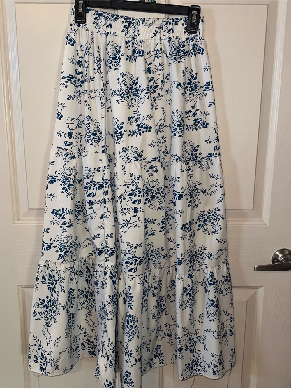 Women's White Maxi Skirt with Blue Floral Print